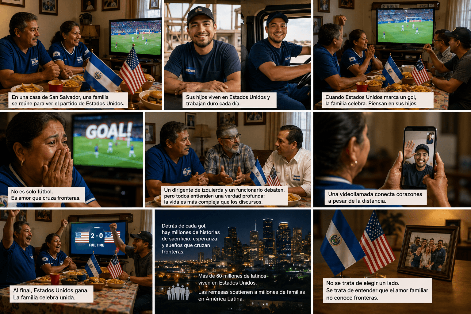 Familia migrante viendo el partido